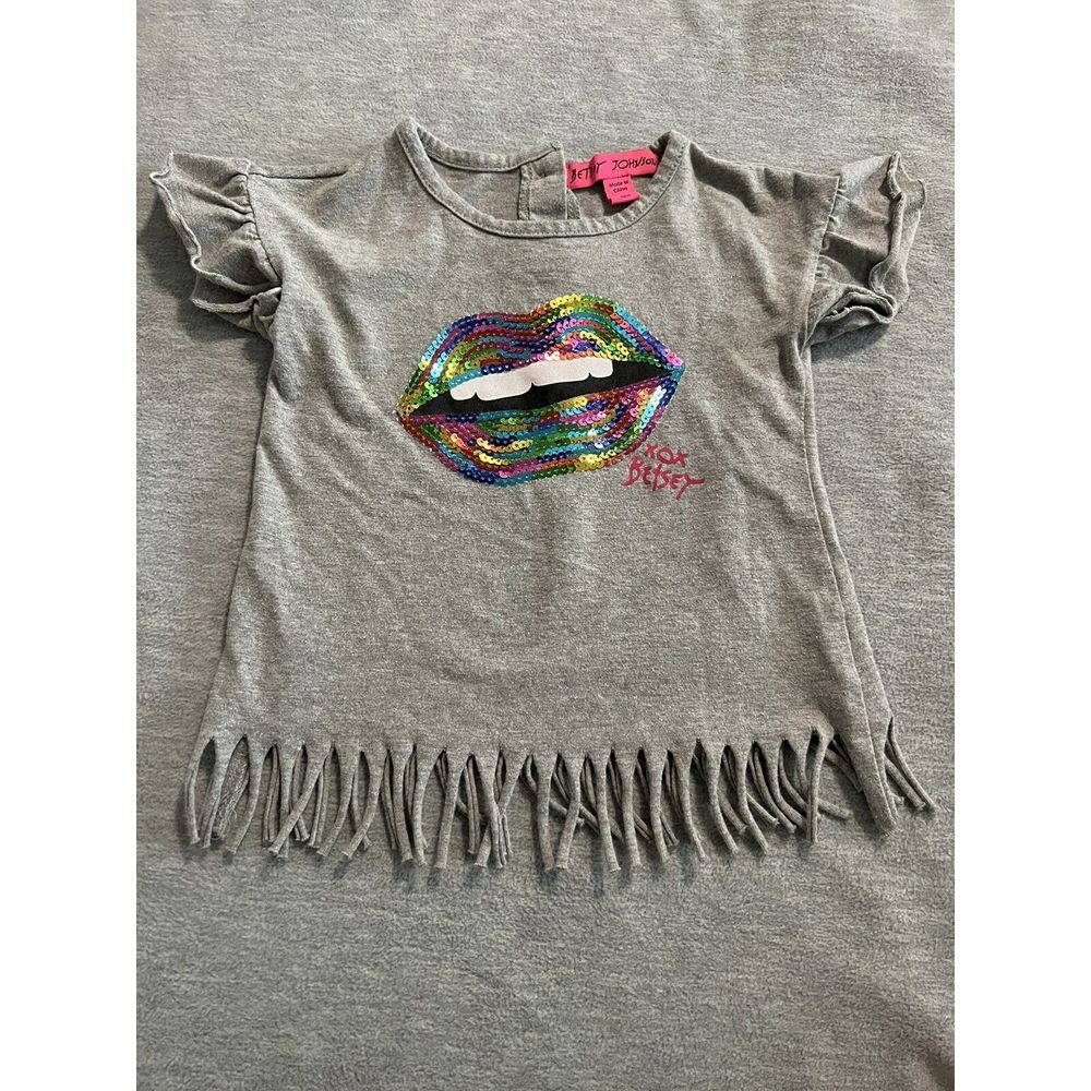 Betsey Johnson Girls Short Ruffle Sleeve Shirt Gray Sequins Lip Size 18m